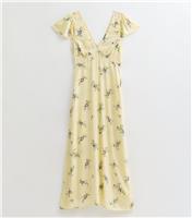 Women's Tall Yellow Floral Print Flutter Sleeve V Neck Midi Dress New Look