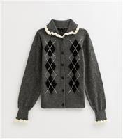 Women's Grey Argyle Print Knit Frill Collar Cardigan New Look