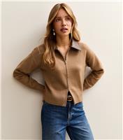 Women's Camel Faux Leather Collar Cardigan New Look