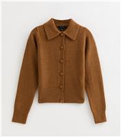 Women's Tan Midweight Knit Collared Cardigan New Look