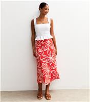 Women's Red Crepe Large Floral Print Bias Cut Midi Skirt New Look