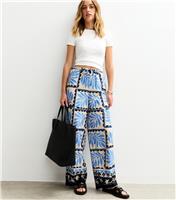 Women's Blue Crepe Palm Print Wide Leg Trousers New Look