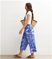 Women's Blue Crepe Scarf Print Cropped Trousers New Look