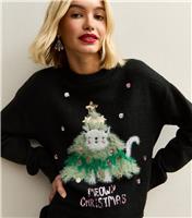 Women's Black Cat Design Christmas Jumper New Look