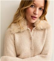 Women's Off White Faux Fur Collar Cardigan New Look