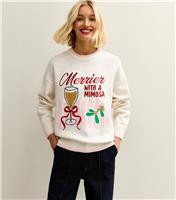 Women's Cream Embroidered Merry Mimosa Christmas Jumper New Look