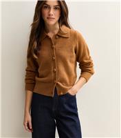 Women's Petite Tan Midweight Knit Collared Button Cardigan New Look