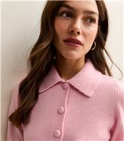Women's Petite Bright Pink Midweight Knit Collared Button Cardigan New Look