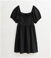 Women's Plus Size Black Spot Print Textured Milkmaid Midi Dress Curves New Look