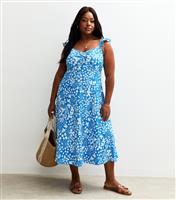 Women's Plus Size Blue Floral Print Crinkle Texture Midi Dress Curves New Look