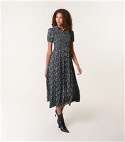 Women's Black Floral Print Shirred Midi Dress Blue Vanilla New Look