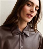 Women's Dark Brown Faux Leather Relaxed Long Sleeve Shirt New Look