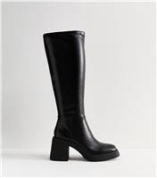 Women's Black Faux Leather Block Heel Knee High Boots Vegan New Look