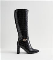 Women's Black Snakeskin Effect Faux Leather Knee High Boots Vegan New Look