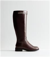 Women's Wide Fit Brown Faux Leather Riding Look Knee High Boots Vegan New Look