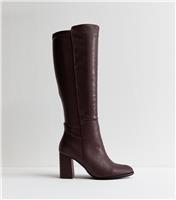 Women's Wide Fit Burgundy Faux Leather Block Heel Boots Vegan New Look