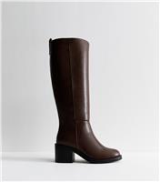 Women's Dark Brown Faux Leather Heeled Knee High Boots Vegan New Look