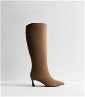 Women's Camel Faux Suede Heeled Knee High Boots Vegan New Look