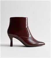 Women's Wide Fit Dark Burgundy Faux Leather Pointed Toe Stiletto Heel Ankle Boots Vegan New Look