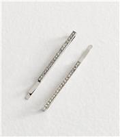 Pack of 2 Silver Tone Diamante Hair Slides New Look