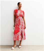 Women's Red Crepe Ditsy Print Short Sleeve Midi Dress New Look