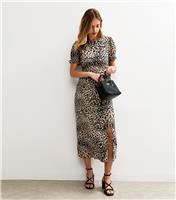 Women's Brown Crepe Leopard Print Short Sleeve Midi Dress New Look