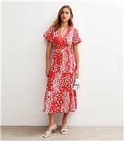 Women's Red Floral Print Wrap Midi Dress New Look