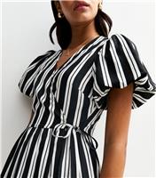 Women's Black Stripe Print Puff Sleeve Midi Wrap Dress New Look