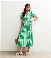 Women's Green Crepe Stripe Print Midi Wrap Dress New Look