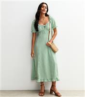 Women's Green Gingham Print Crinkle Texture Milkmaid Midi Dress New Look