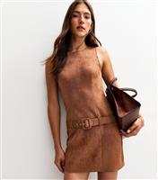 Women's Tan Faux Suede Belted Mini Dress New Look