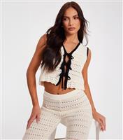 Women's Cream Open Knit Sleeveless Waistcoat Quiz New Look