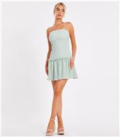 Women's Sage Textured Frill Trim Mini Dress Quiz New Look