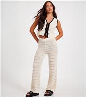 Women's Cream Open Knit Contrast Trim Trousers Quiz New Look