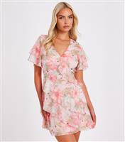 Women's Pink Chiffon Floral Print Skater Mini Dress Quiz New Look