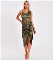 Women's Khaki Satin Ruched Midi Dress Quiz New Look