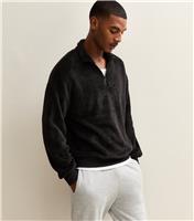 Men's Black Regular Fit Quarter Zip Fluffy Funnel Neck Sweatshirt New Look