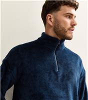 Men's Navy Regular Fit Quarter Zip Fluffy Funnel Neck Sweatshirt New Look