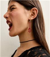 Red Sparkly Devil Fork Drop Earrings New Look