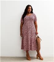 Women's Plus Size Pink Crinkled Floral Print Midi Dress Curves New Look