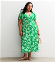 Women's Plus Size Green Floral Print Chiffon Midi Dress Curves New Look