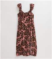 Women's Plus Size Brown Leaf Print Midi Dress Curves New Look