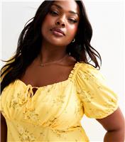 Women's Plus Size Yellow Floral Print Milkmaid Top Curves New Look