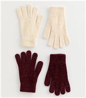 Pack of 2 Cream and Dark Burgundy Chenille Gloves New Look