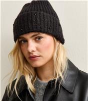 Black Bead Embellished Beanie New Look
