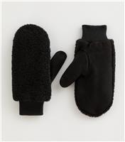 Black Faux Suede and Faux Borg Mittens New Look