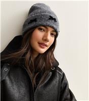 Grey Bow Appliqued Ribbed Knit Beanie Hat New Look
