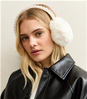 Cream Faux Pearl and Bead Embellished Faux Fur Earmuffs New Look