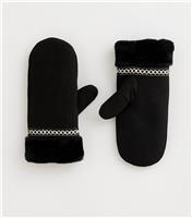 Black Faux Suede and Faux Fur Trim Mittens New Look