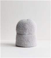 Grey Fluffy Knit Beanie New Look